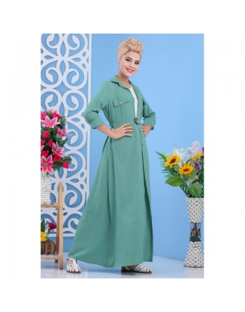 Robe longue boutonnée avec ceinture et poches pour femme - Marque Amelis Paris - Couleur kaki 