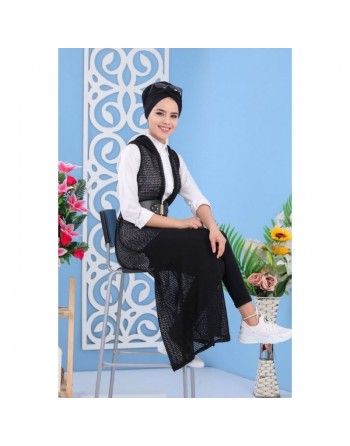 Cardigan Gilet long avec capuche sans manches pour femme - Couleur Bleu nuit 