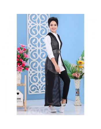 Cardigan Gilet long avec capuche sans manches pour femme - Couleur Bleu nuit 