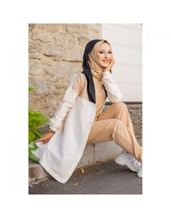 Veste Tunique boutonnée à capuche (Vetement décontracté femme hijab) - Couleur beige 