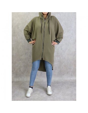 Veste longue sportswear avec capuche de couleur kaki 