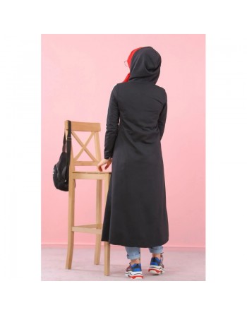 Cardigan long à capuche - Robe zippée style sportswear pour femme voilée - Couleur Noir 