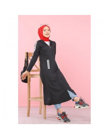 Cardigan long à capuche - Robe zippée style sportswear pour femme voilée - Couleur Noir 