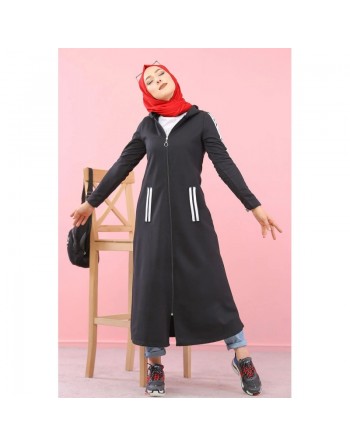 Cardigan long à capuche - Robe zippée style sportswear pour femme voilée - Couleur Noir 