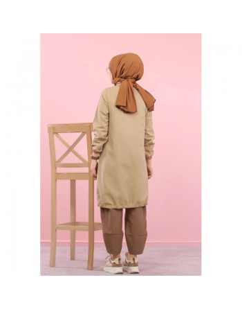 Tunique-Chemise ample boutonnée (Vetement décontracté femme voilée) - Couleur Beige foncé 