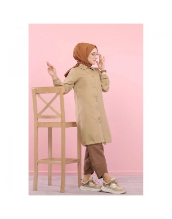 Tunique-Chemise ample boutonnée (Vetement décontracté femme voilée) - Couleur Beige foncé 