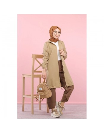 Tunique-Chemise ample boutonnée (Vetement décontracté femme voilée) - Couleur Beige foncé 