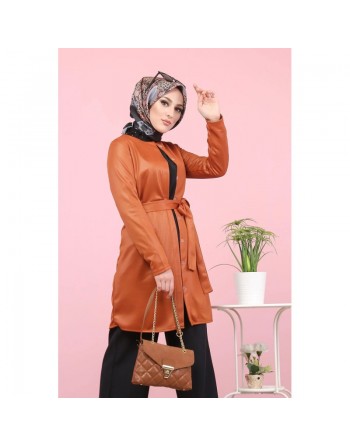 Veste-tunique satinée à ceinture pour femme (Mode musulmane en ligne pas cher) - Couleur rouille 