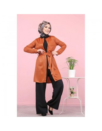 Veste-tunique satinée à ceinture pour femme (Mode musulmane en ligne pas cher) - Couleur rouille 
