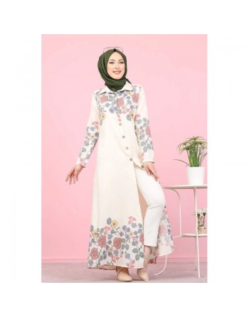 Robe-Chemise longue à fleurs pour femme (Vetement Hijab France) - Couleur écru 