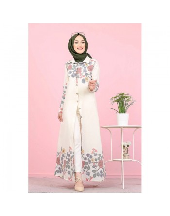 Robe-Chemise longue à fleurs pour femme (Vetement Hijab France) - Couleur écru 