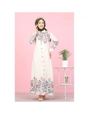 Robe-Chemise longue à fleurs pour femme (Vetement Hijab France) - Couleur écru 