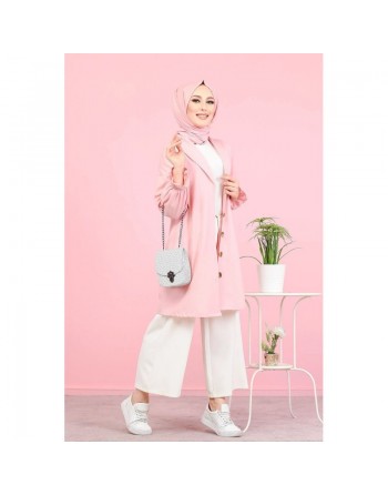 Veste longue classique boutonnée élégante (Vêtement Hijab) - Couleur rose 