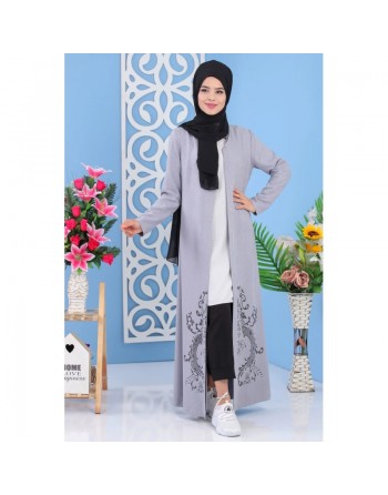 Robe longue boutonnée motif floral pour femme musulmane voilée (Grande taille disponible) - Couleur bleu-gris clair 