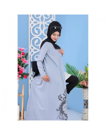 Robe longue boutonnée motif floral pour femme musulmane voilée (Grande taille disponible) - Couleur bleu-gris clair 