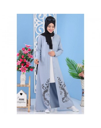 Robe longue boutonnée motif floral pour femme musulmane voilée (Grande taille disponible) - Couleur bleu-gris clair 