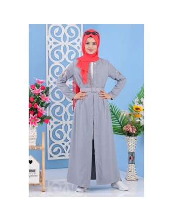 Robe longue boutonnée avec ceinture et broderies - Couleur gris (Vêtements islamiques pour femmes musulmanes voilées) 