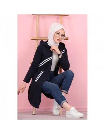 Veste sweat à capuche avec bandes pour jeune femme musulmane - Couleur bleu marine 