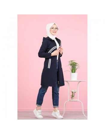 Veste sweat à capuche avec bandes pour jeune femme musulmane - Couleur bleu marine 