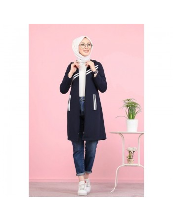 Veste sweat à capuche avec bandes pour jeune femme musulmane - Couleur bleu marine 