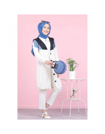 Veste Tunique boutonnée à capuche (Vetement moderne pas cher pour femme voilée) - Couleur bleu indigo 
