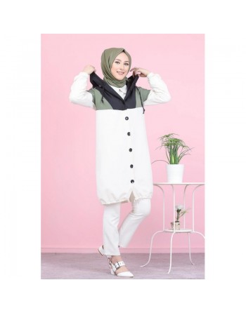 Veste Tunique boutonnée à capuche (Vetement décontracté femme voilée) - Couleur kaki 