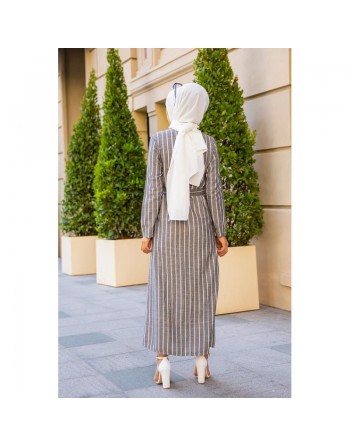 Robe à rayure boutonnée (ouverte) sur toute la longueur avec ceinture assortie pour femme (Vetement hijab été) - Rayures... 
