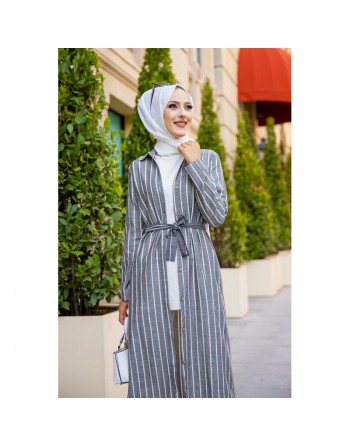 Robe à rayure boutonnée (ouverte) sur toute la longueur avec ceinture assortie pour femme (Vetement hijab été) - Rayures... 