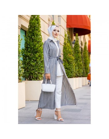 Robe à rayure boutonnée (ouverte) sur toute la longueur avec ceinture assortie pour femme (Vetement hijab été) - Rayures... 
