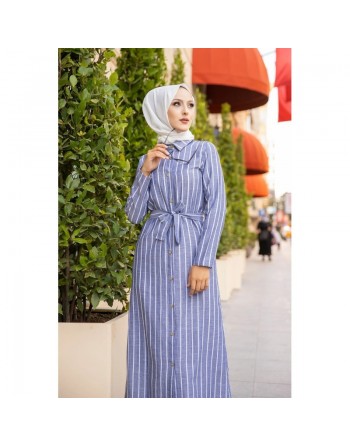 Robe à rayures entièrement boutonnée devant avec ceinture assortie (Vetement d'été femme voilée) - Couleur bleu et blanc 