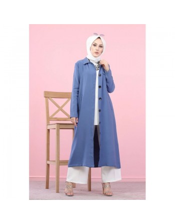 Veste longue pour femme - style chemise (Mode Musulmane) - Couleur bleu indigo 