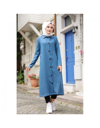 Veste longue pour femme - style chemise (Mode Musulmane) - Couleur bleu pétrole 