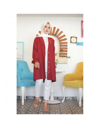 Veste longue classique boutonnée élégante (Vêtement Hijab) - Couleur framboise 