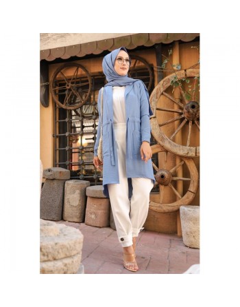 Veste mi-longue pour femme voilée (Gilet pour Hijab) - Couleur bleue indigo 