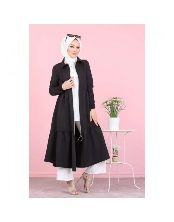 Veste zippée mi longue évasée (Vetement ample pour femme voilée) - Couleur noir 