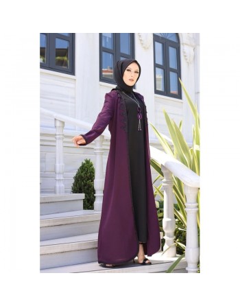 Ensemble Robe et Cardigan (Kimono) - Vetement femme voilée - Couleur violette 