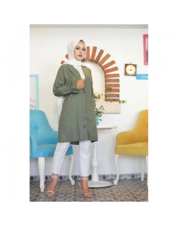 Veste longue classique boutonnée élégante (Vêtement Hijab pour femme voilée) - Couleur kaki 
