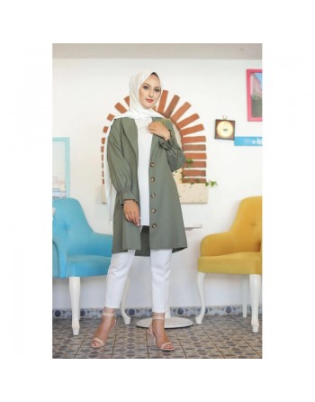 Veste longue classique boutonnée élégante (Vêtement Hijab pour femme voilée) - Couleur kaki 