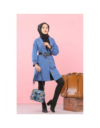 Veste longue classique boutonnée élégante (Vêtement pour femme voilée) - Couleur bleu indigo 