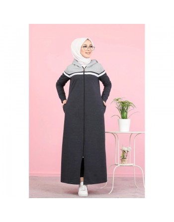 Robe longue à capuche fermeture éclair (Tenue mastour sportswear pour femme voilée) - Couleur gris anthracite et gris clair 