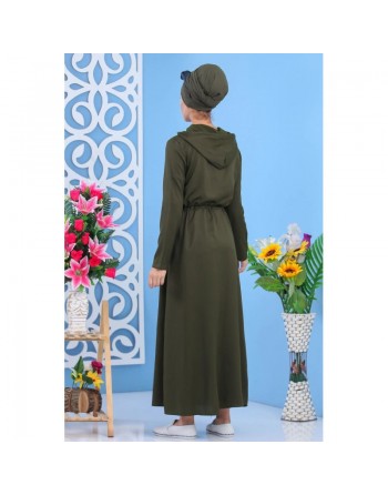 Robe longue zippée à capuche pour femme style décontracté de marque Amelis Paris - Couleur Kaki foncé 