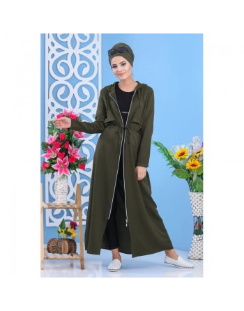 Robe longue zippée à capuche pour femme style décontracté de marque Amelis Paris - Couleur Kaki foncé 