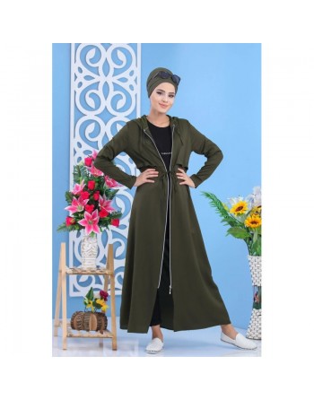 Robe longue zippée à capuche pour femme style décontracté de marque Amelis Paris - Couleur Kaki foncé 