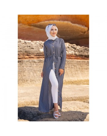 Robe chemise très longue à rayures (Vêtement décontracté pour femme musulmane) - Couleur gris et blanc 