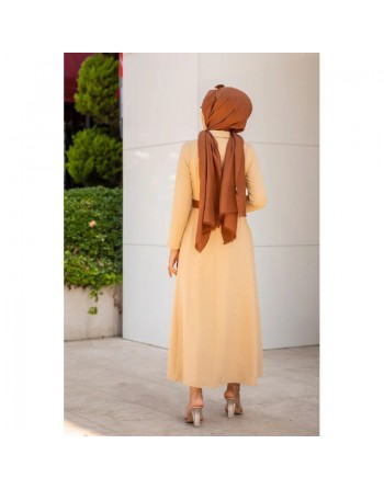 Robe longue casual boutonnée avec sa ceinture pour femme (Vetement hijab chic) - Couleur Beige 