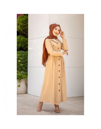 Robe longue casual boutonnée avec sa ceinture pour femme (Vetement hijab chic) - Couleur Beige 