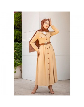 Robe longue casual boutonnée avec sa ceinture pour femme (Vetement hijab chic) - Couleur Beige 