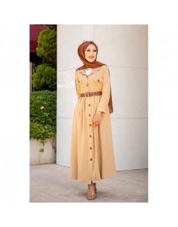 Robe longue casual boutonnée avec sa ceinture pour femme (Vetement hijab chic) - Couleur Beige 