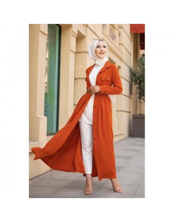 Robe longue casual boutonnée avec sa ceinture (Vetement pour femme musulmane) - Couleur brique 