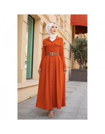 Robe longue casual boutonnée avec sa ceinture (Vetement pour femme musulmane) - Couleur brique 